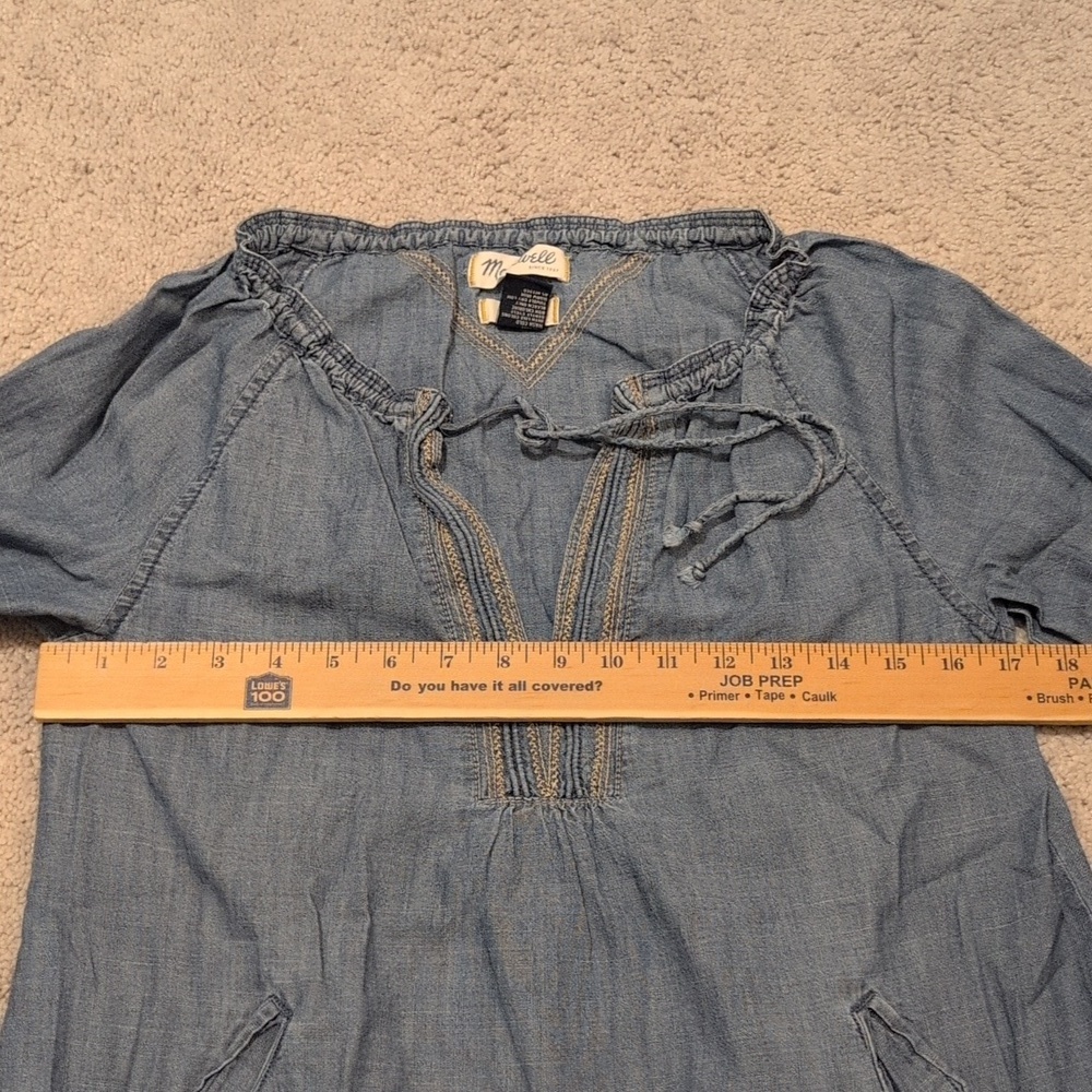 Madewell Blue Denim Chambray Embroidered Tie Neck Blouse Top Size S Boho - Picture 7 of 8